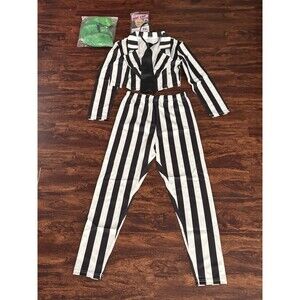 Beetlejuice Women Halloween Black and White Striped Blazer Pant with Tie Wig Med